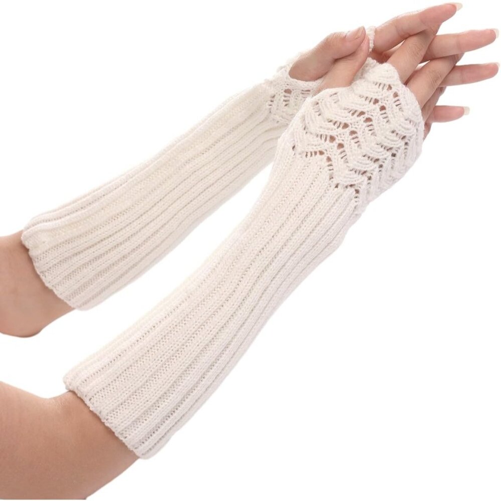 Women's Half Finger White Fingerless Knit Arm Warmers Stretchy Long Gloves